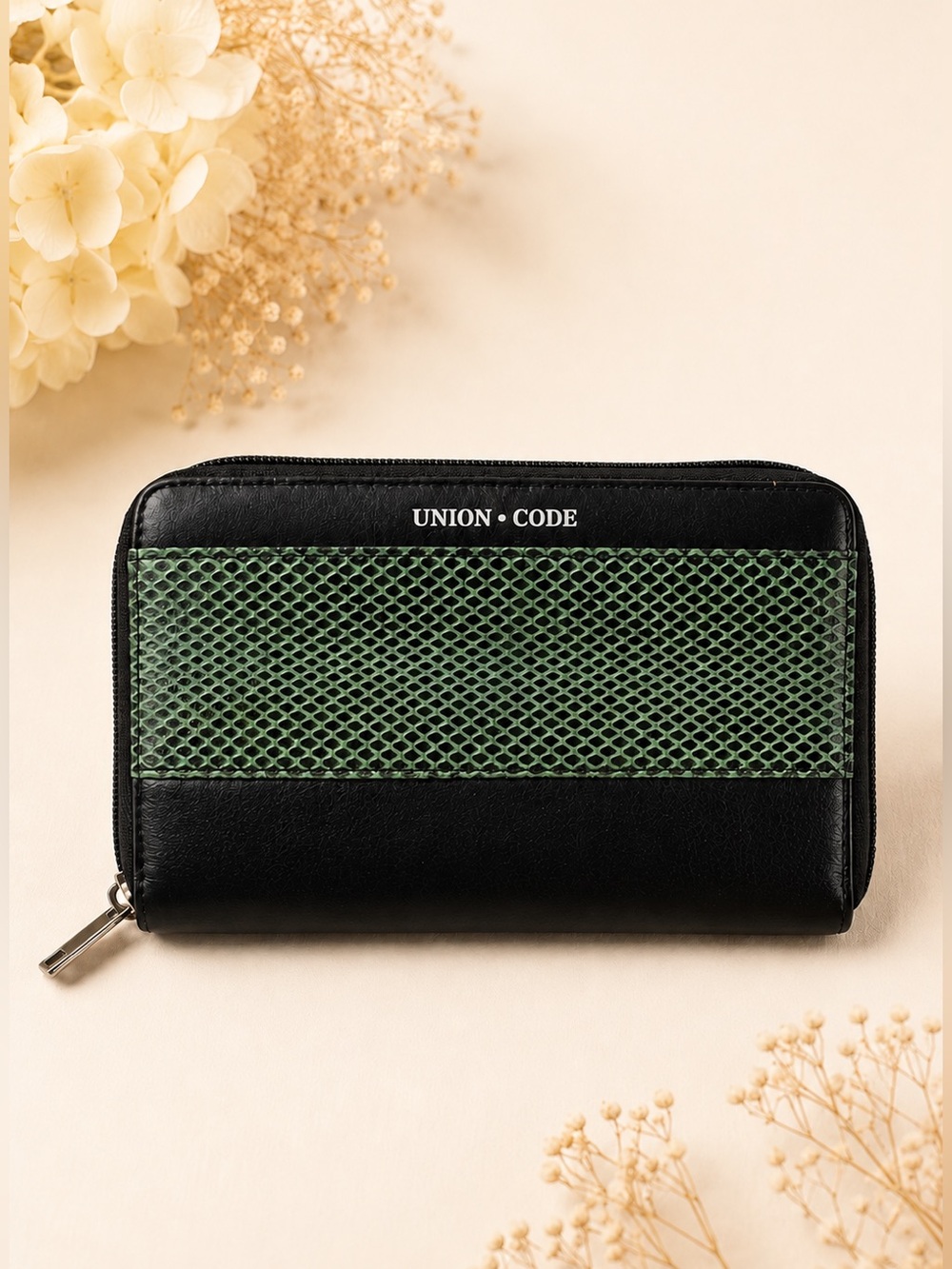 Green Snake Foil Print Genuine Leather RFID Zip Around Wallet Black Leather